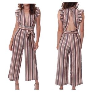 New Storia Multi Striped Crop Cut Out Back Ruffle Jumpsuit Size Small New